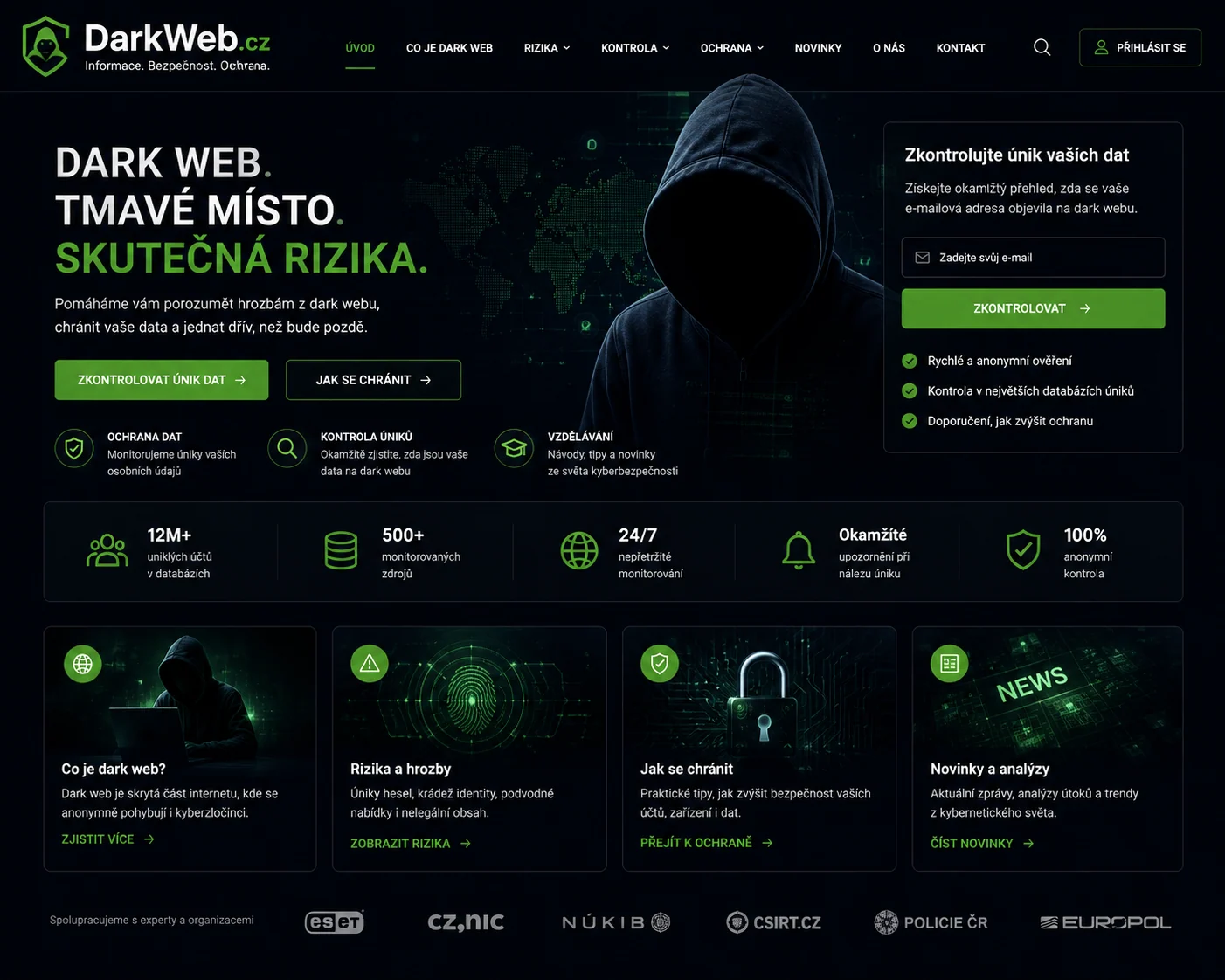 Návrh tmavého kyberbezpečnostního portálu Darkweb.cz s kontrolou úniků dat, přehledem rizik a návody k ochraně